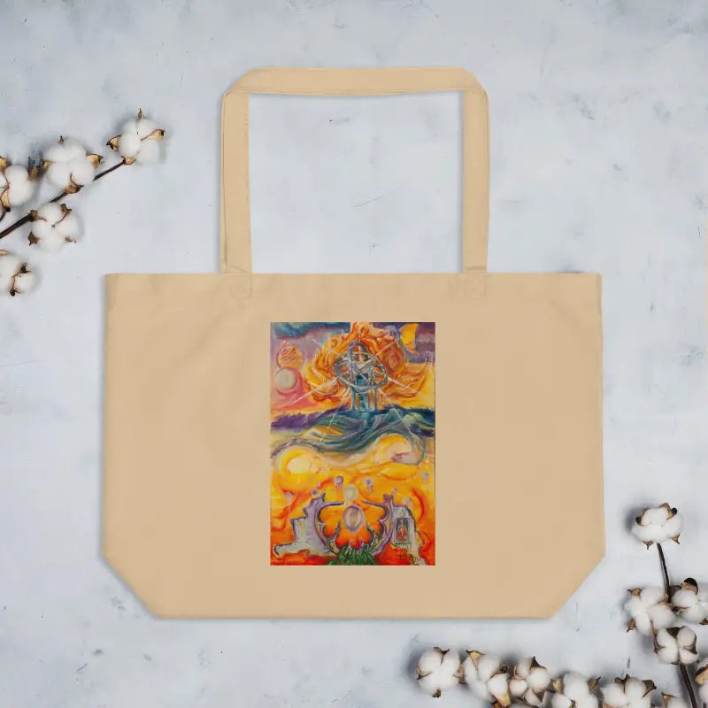 Beige organic cotton tote with colorful spiritual artwork in orange and blue tones