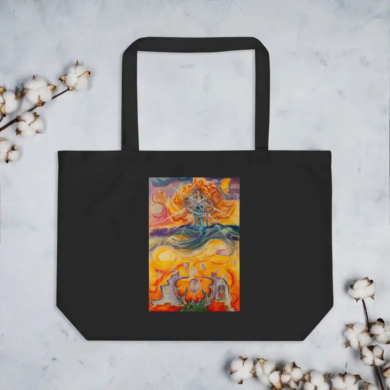 Black tote bag with colorful mystical print by Matthew Dye, showcasing Saturn Organic Cotton eco-friendly art