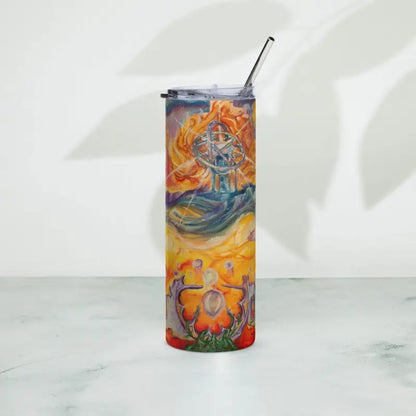 Colorfully decorated stainless steel tumbler featuring floral and flame designs