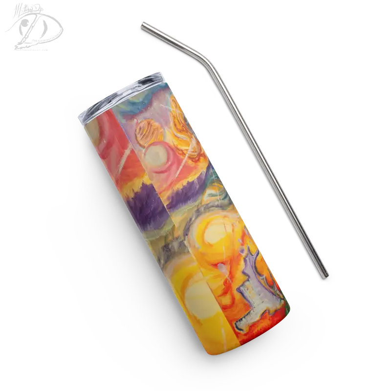 Colorful Waves of Saturn Stainless Steel Tumbler with abstract art design and metal straw