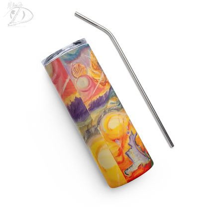 Colorful Waves of Saturn Stainless Steel Tumbler with abstract art design and metal straw