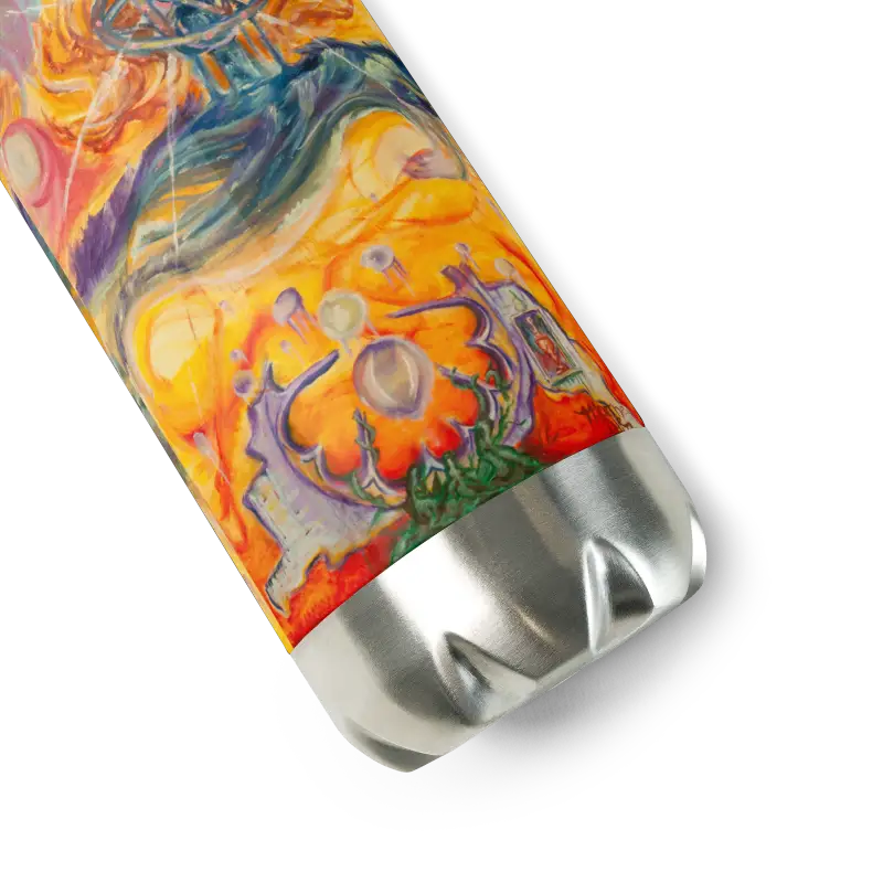 Colorfully patterned stainless steel water bottle featuring a floral design