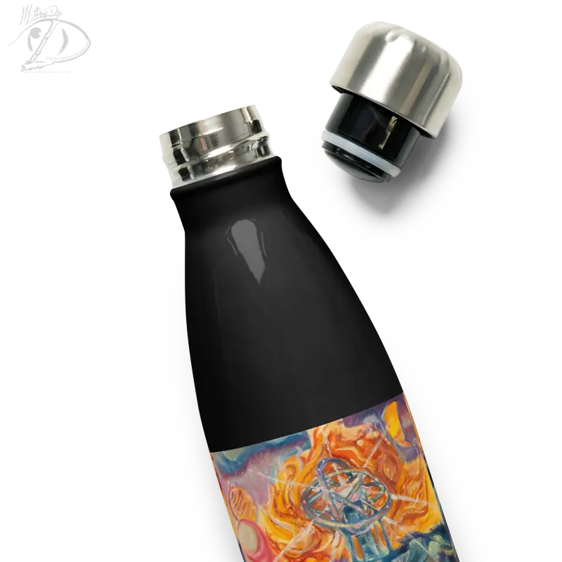 Black stainless steel water bottle with artistic design, Waves of Saturn Stainless Steel