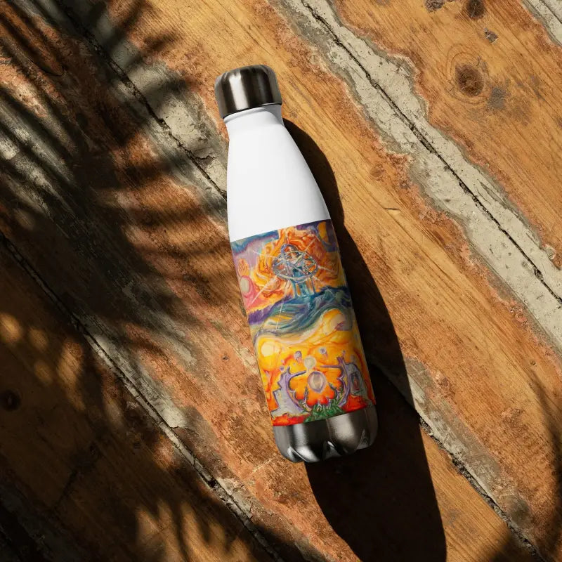 White stainless steel water bottle with colorful abstract art design Waves of Saturn