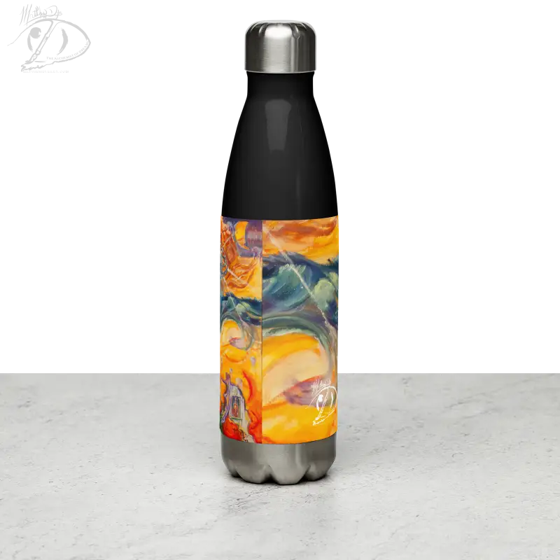 Vibrant orange and blue abstract artwork on Waves of Saturn Stainless Steel Water Bottle