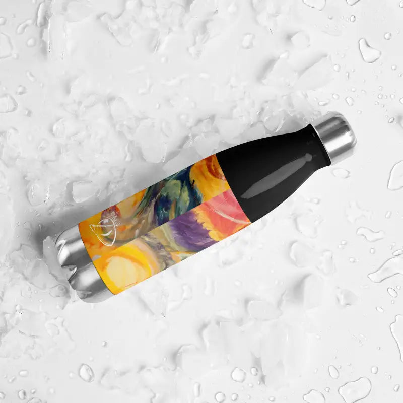 Colorful abstract design on Waves of Saturn stainless steel water bottle for artistic hydration