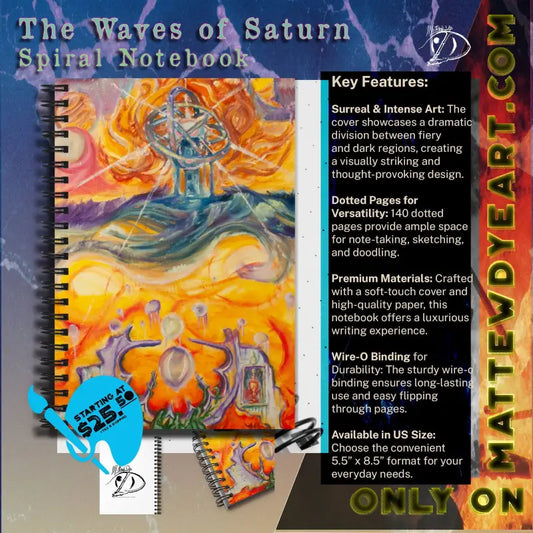 Surrealist Spiral Notebook featuring cosmic orange and blue artwork inspired by Saturn