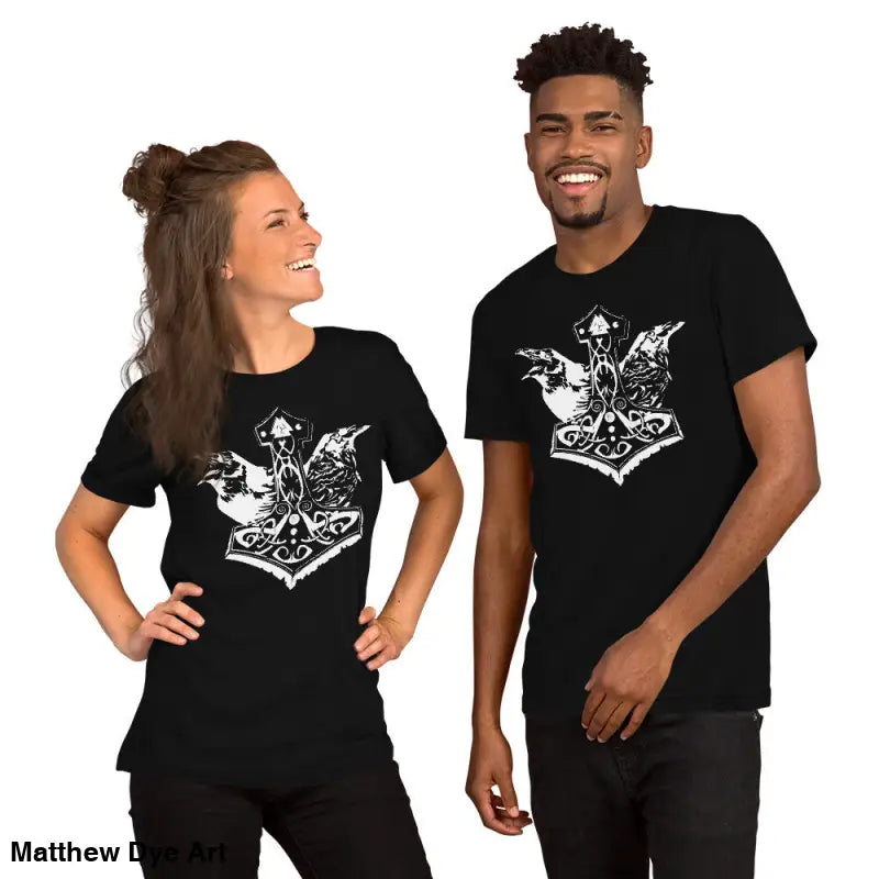 Matching black Viking Pride t-shirts featuring white Norse graphic and Thor’s hammer design
