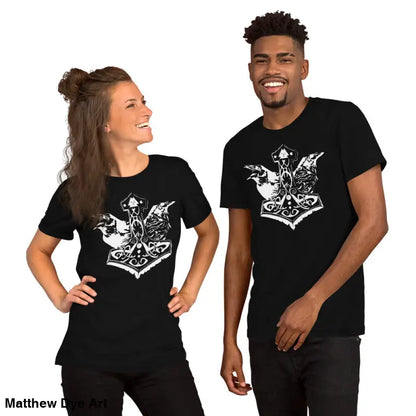 Matching black Viking Pride t-shirts featuring white Norse graphic and Thor’s hammer design