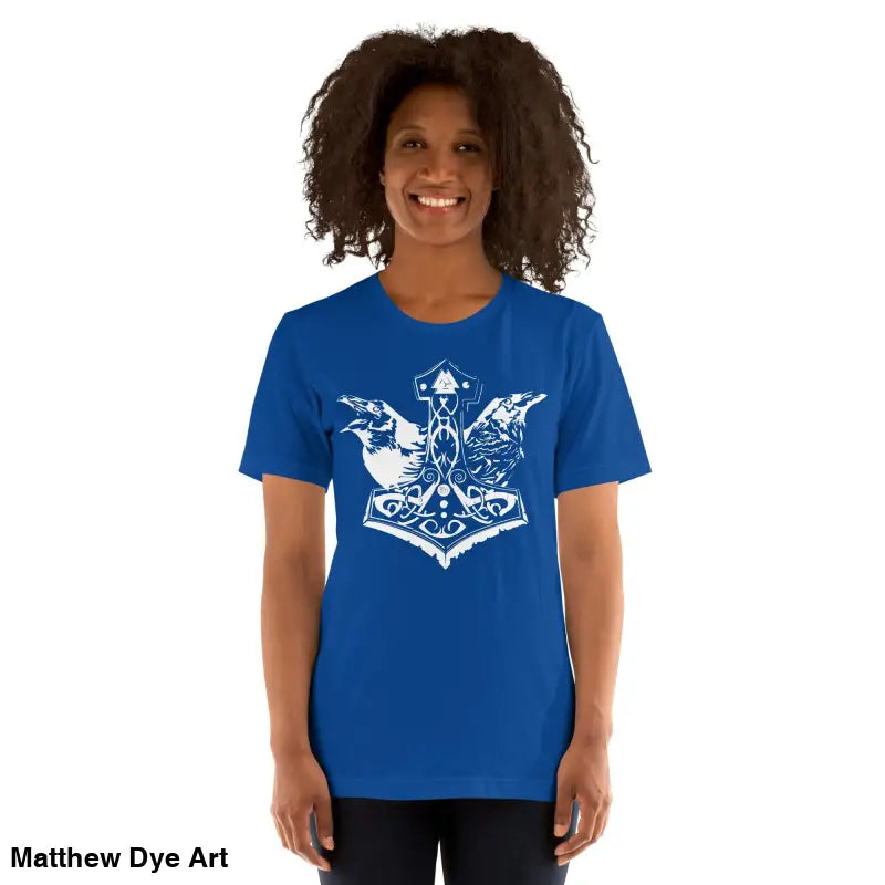 Blue Viking Pride T-shirt featuring a white Norse graphic of Thor’s Hammer, showcasing storied Viking heritage