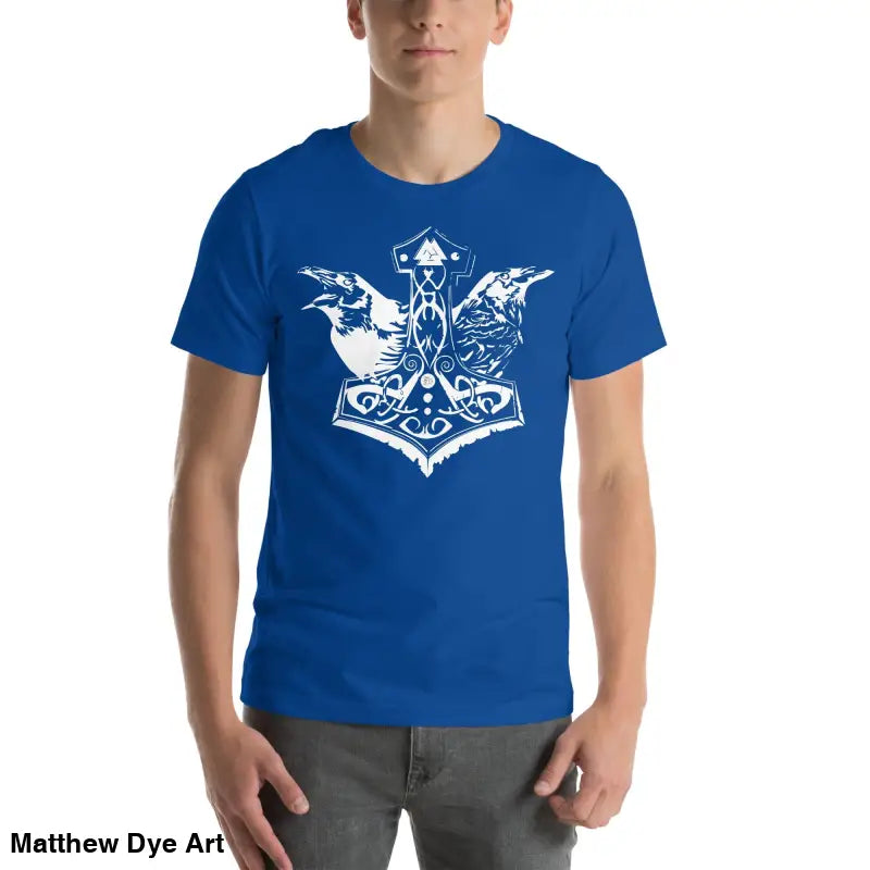 Blue Viking pride t-shirt with white Norse Thor’s hammer design