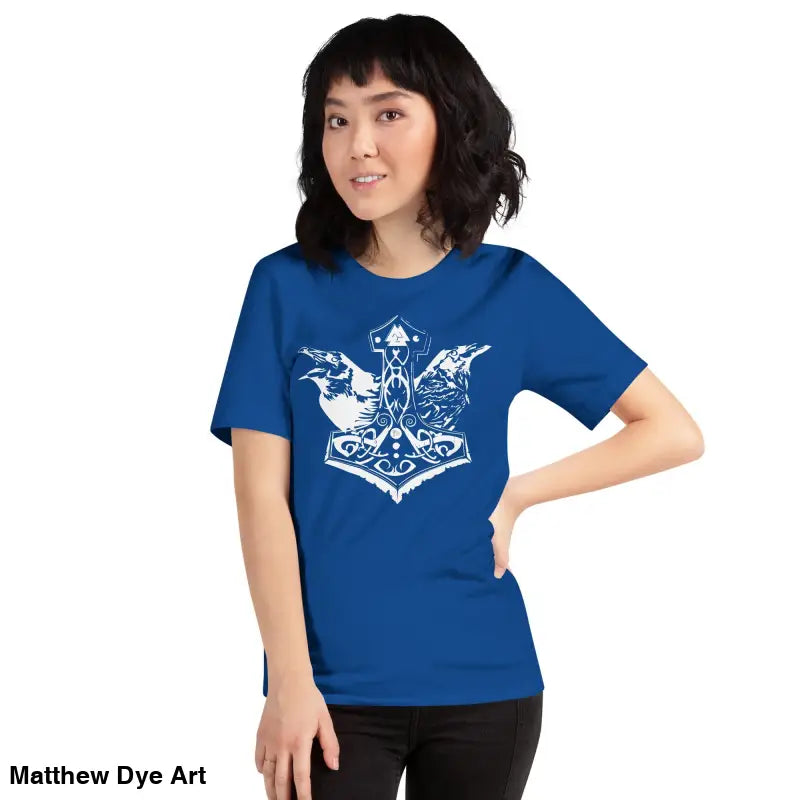 Blue Viking Pride T-shirt featuring white Norse design and Thor’s hammer artwork