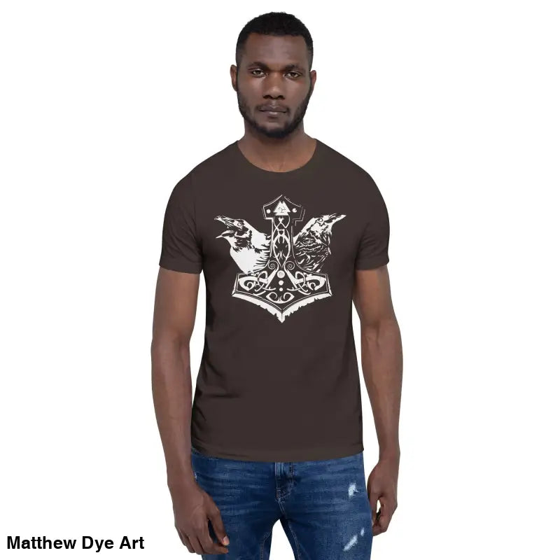 Brown Viking Pride t-shirt showcasing white Norse design celebrating storied Viking heritage