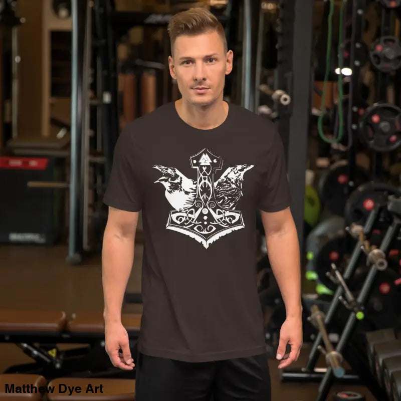Brown Viking Pride t-shirt featuring a white Norse design and Thor’s hammer symbolism