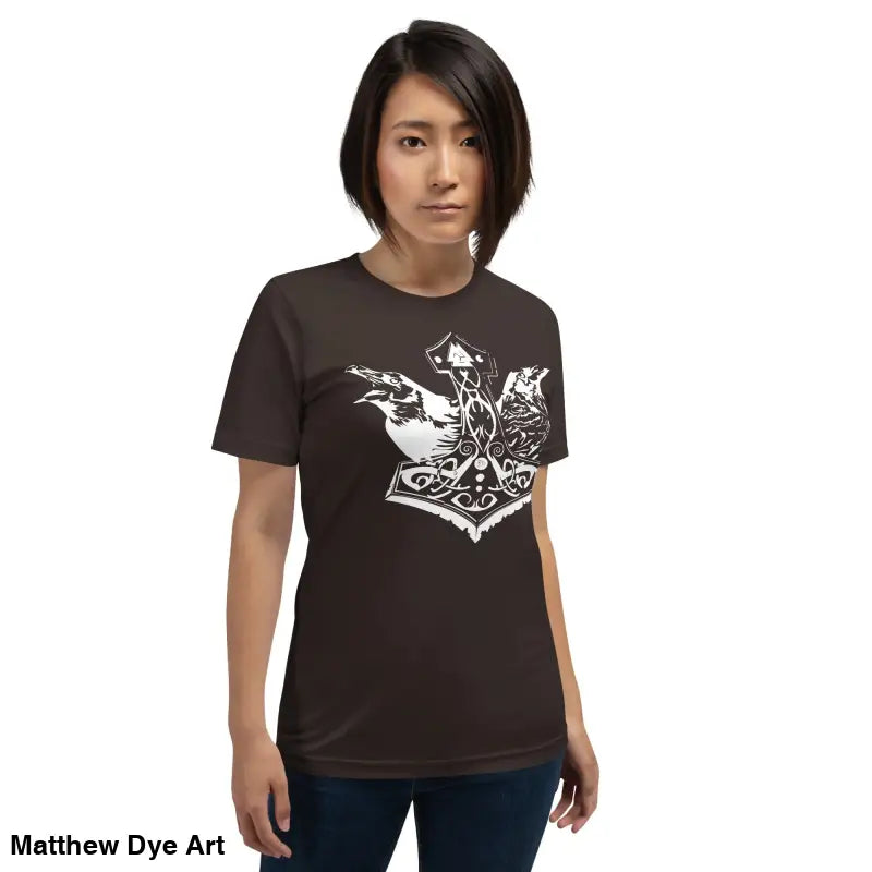 Brown Viking Pride T-shirt featuring a white Norse design celebrating storied Viking heritage