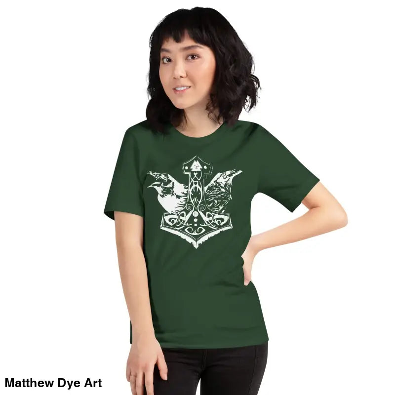 Green Viking pride t-shirt with white Thor’s hammer and raven design