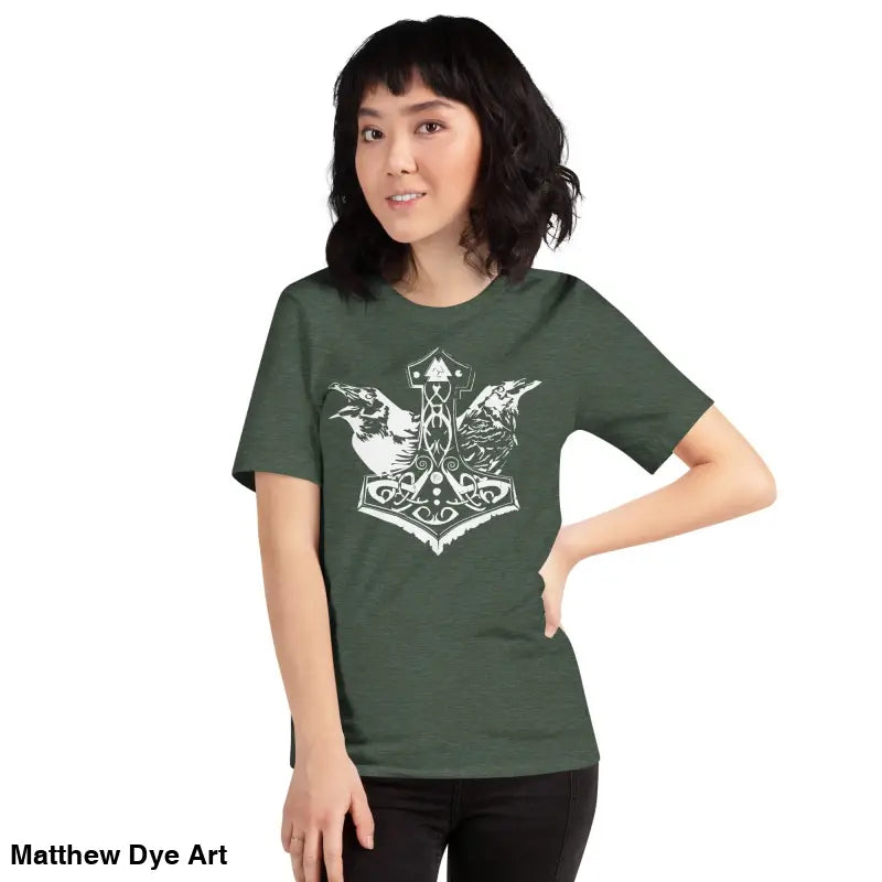 Green Viking pride t-shirt with white Thors hammer and raven design