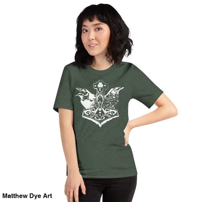 Green Viking pride t-shirt with white Thors hammer and raven design