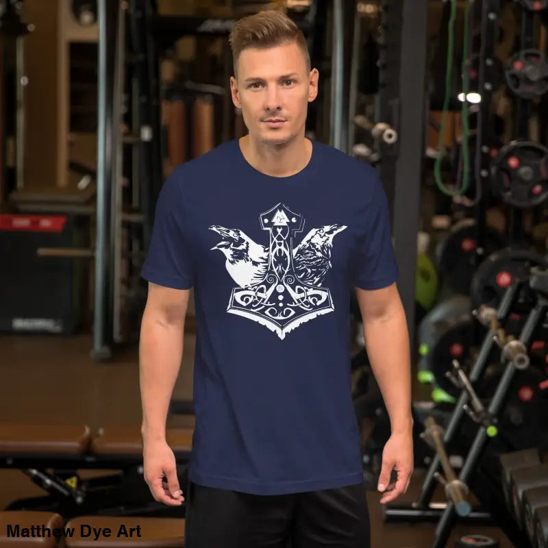 Navy Viking Pride T-shirt featuring white Norse design showcasing storied Viking heritage