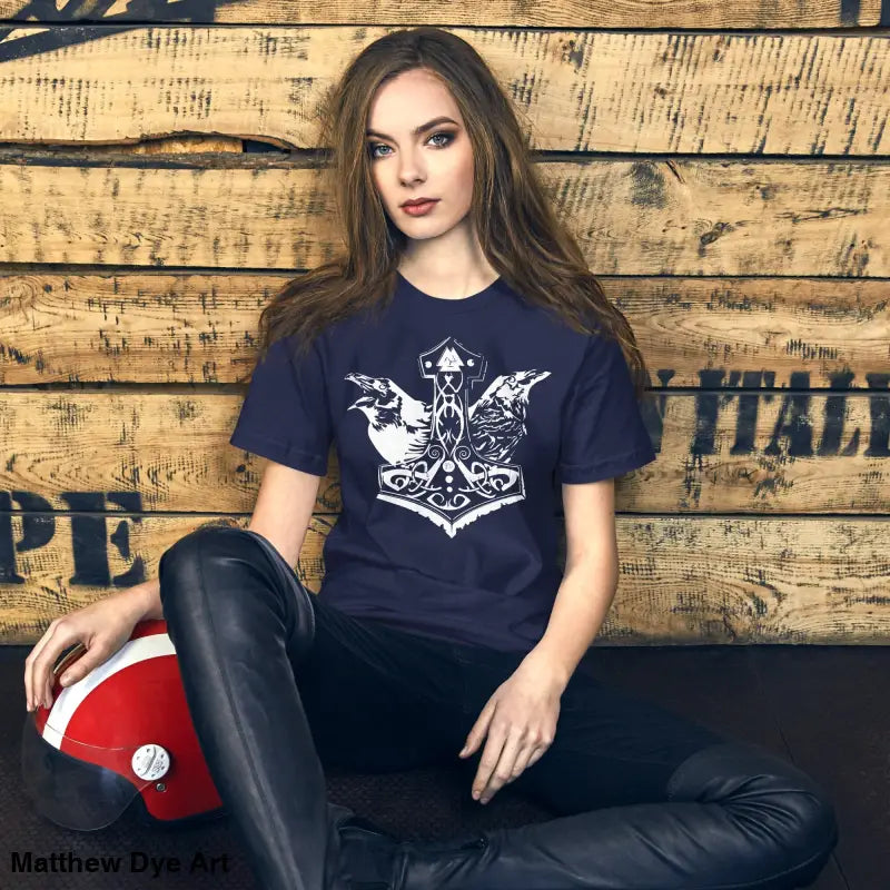 Navy Viking Pride T-shirt featuring white Norse design and Thor’s Hammer symbol