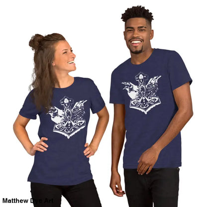 Matching navy Viking pride t-shirts with Thor’s hammer and storied Viking heritage
