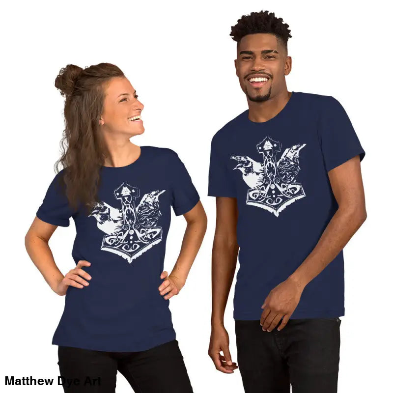 Matching navy Viking Pride T-shirts featuring white graphic of Thor’s hammer, celebrating storied Viking heritage