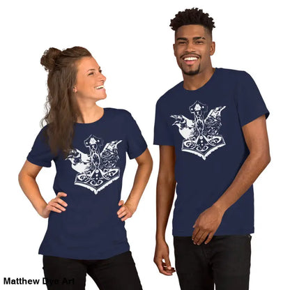 Matching navy Viking Pride T-shirts featuring white graphic of Thor’s hammer, celebrating storied Viking heritage