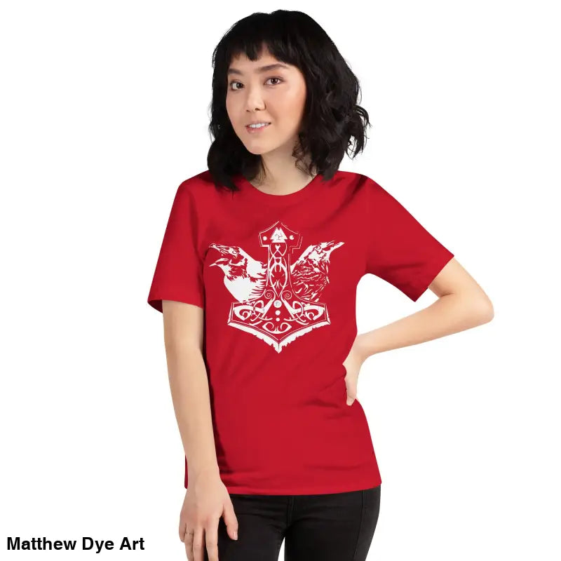 Red Viking Pride t-shirt featuring a white Norse design and Thor’s hammer, celebrating storied Viking heritage