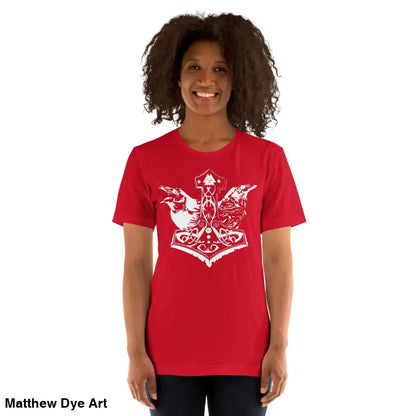 Red Viking Pride T-shirt featuring Thor’s Hammer design reflecting storied Viking heritage