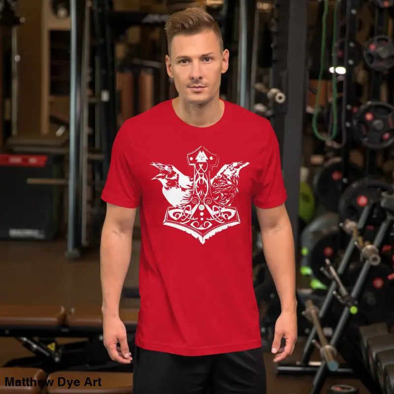 Red Viking Pride T-shirt featuring white Norse design inspired by storied Viking heritage