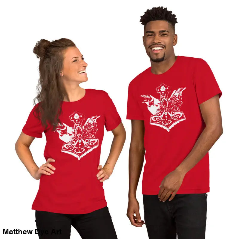 Matching red Viking Pride T-shirts featuring Thor’s Hammer Norse mythology design