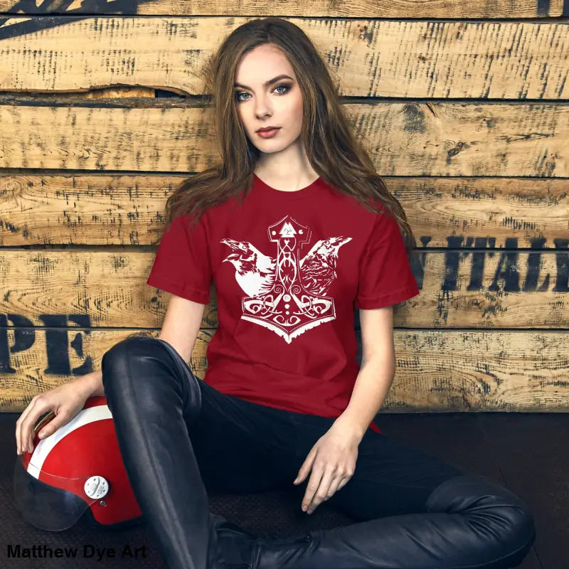 Red Viking Pride T-shirt showcasing Norse art and storied Viking heritage design