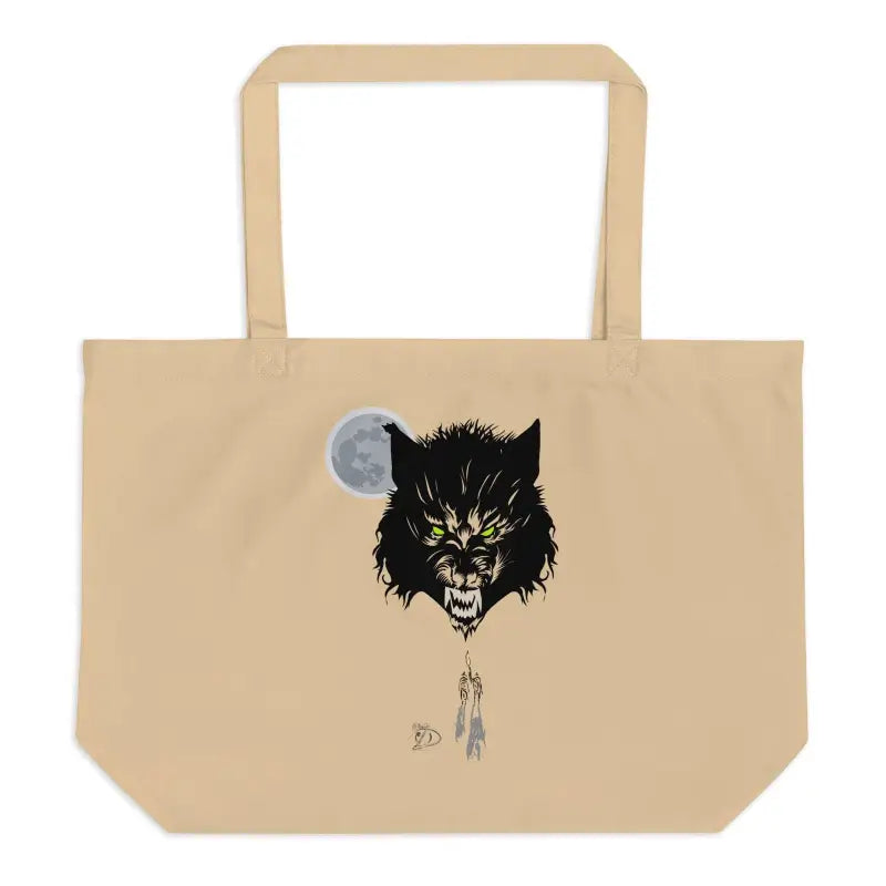 Beige Werewolf Moon Tote Bag featuring a snarling black wolf and full moon artwork