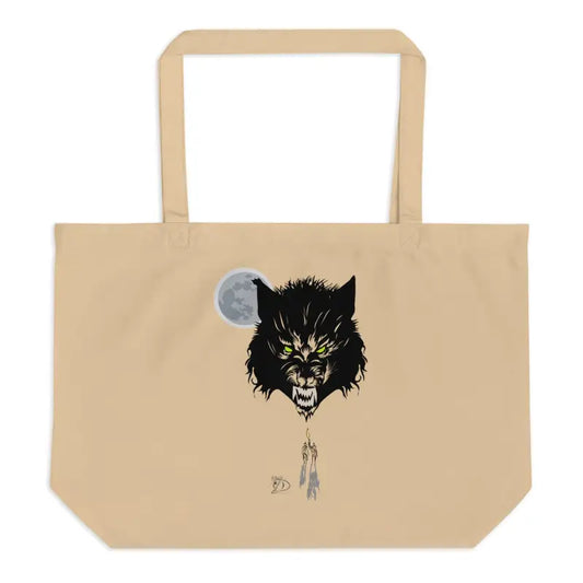 Beige tote bag featuring werewolf design, part of Werewolf Moon Organic Cotton collection