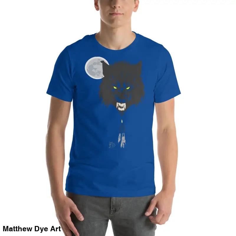 Royal blue t-shirt embodies cherished dreams with dark wolf head and full moon graphic