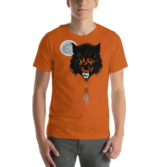 Orange t-shirt embodies cherished dreams with a fierce black wolf head and glowing eyes