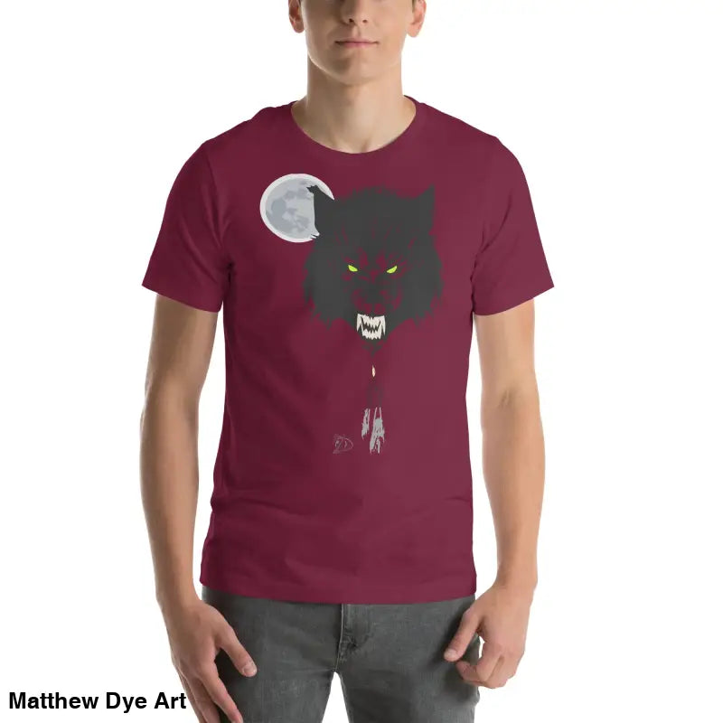 Burgundy t-shirt embodies cherished dreams with a minimalist werewolf design and glowing eyes