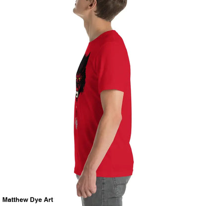 Red short-sleeved T-shirt embodies cherished dreams paired with gray jeans