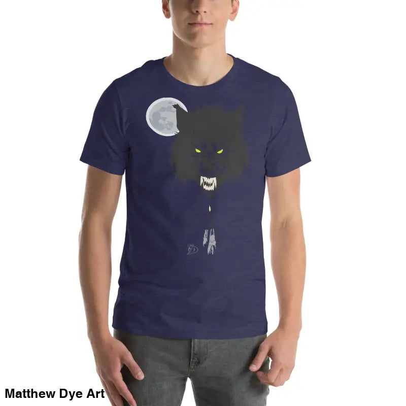 Navy blue t-shirt embodies cherished dreams with minimalist wolf design and moon graphic