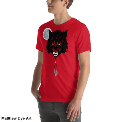 Red t-shirt embodies fierce black wolf design, perfect for cherished dreams and style