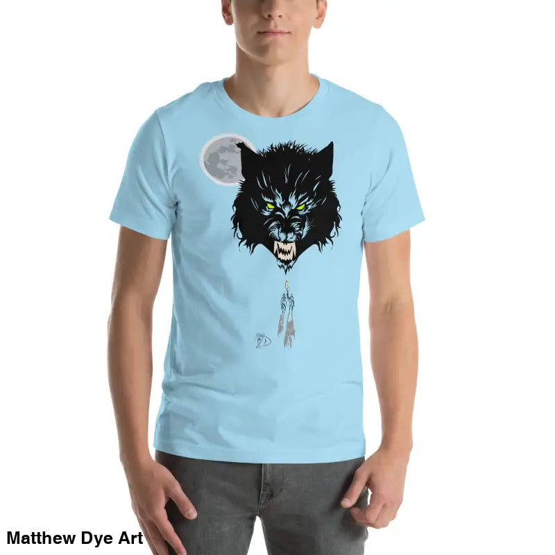 Light blue t-shirt embodies cherished dreams with fierce wolf head and moon design