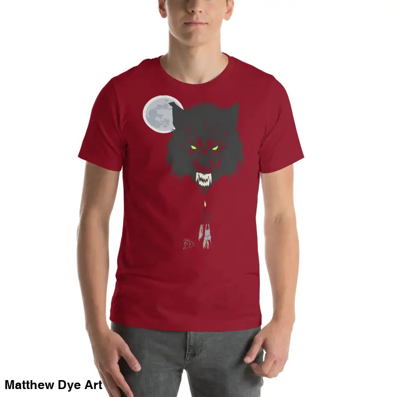 Red t-shirt embodies a dark wolf head design with glowing eyes and moon graphic