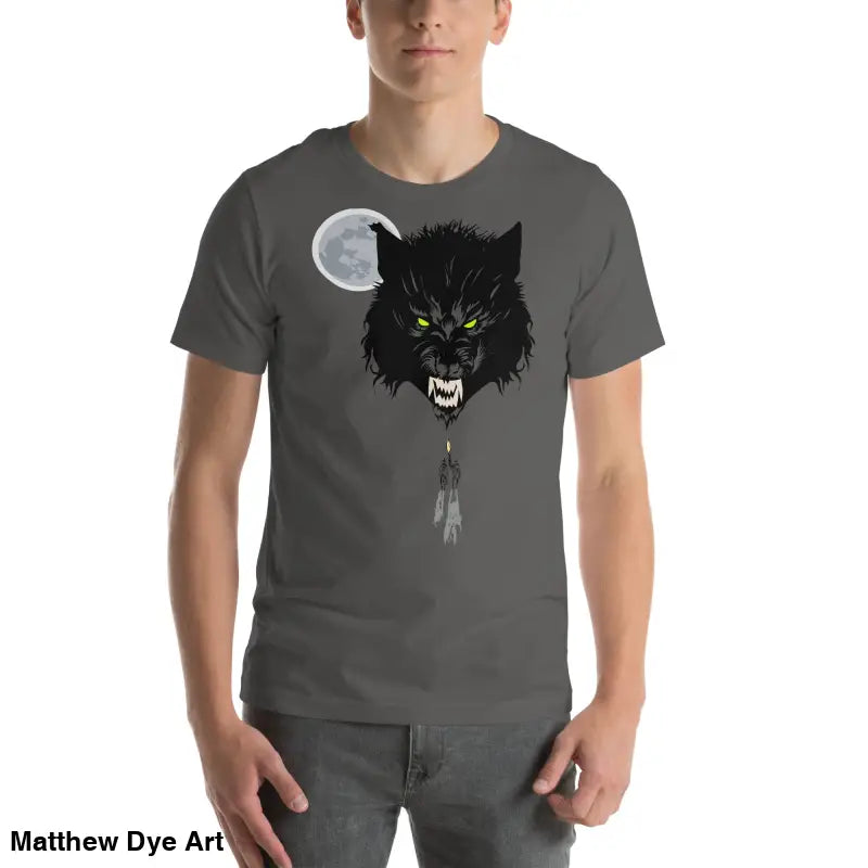 Dark grey t-shirt embodies cherished dreams with fierce wolf head design and full moon
