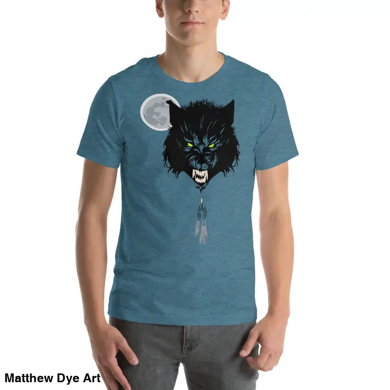 Teal t-shirt embodies cherished dreams with an angry wolf head and glowing eyes