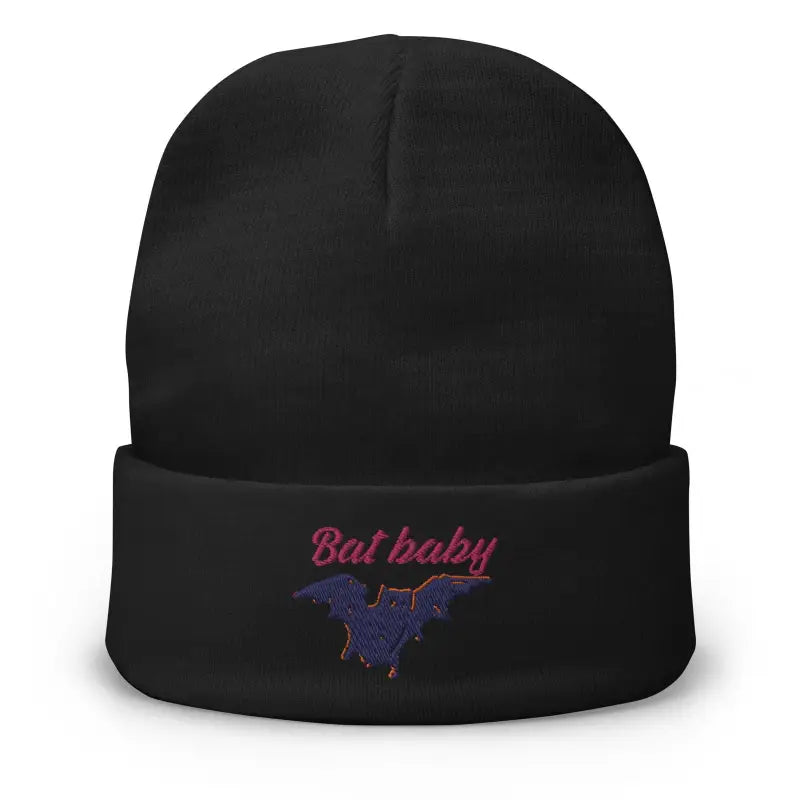 Black embroidered beanie with Bat Baby text and purple bat design, size fits all