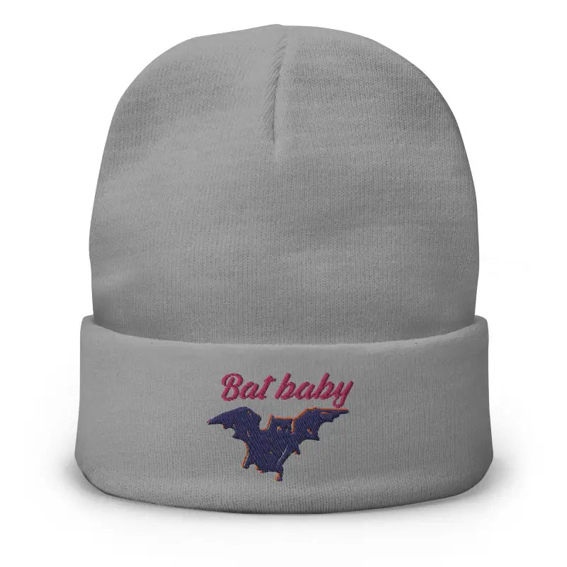 Gray winter embroidered beanie featuring bat design and Bat Baby text, size fits all