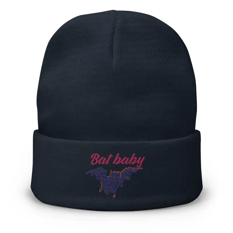 Black embroidered beanie featuring Bat Baby text and bat design, size fits all for autumn