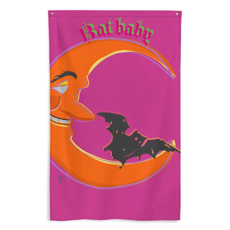 Pink Bat Baby flag featuring an orange crescent moon and black bat design