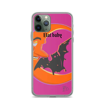 Bat Baby iPhone Case featuring a black bat silhouette on a pink and orange background