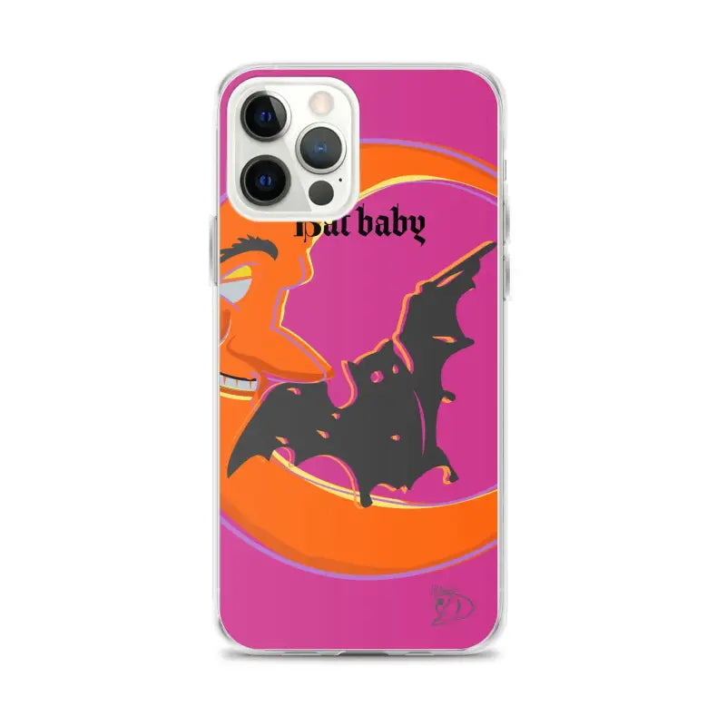 Bat Baby iPhone Case with bat silhouette on orange crescent moon and pink background